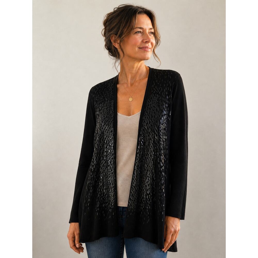 Eileen Fisher Black 100% Merino Wool Sequin Open Front Cardigan Sweater Sz S